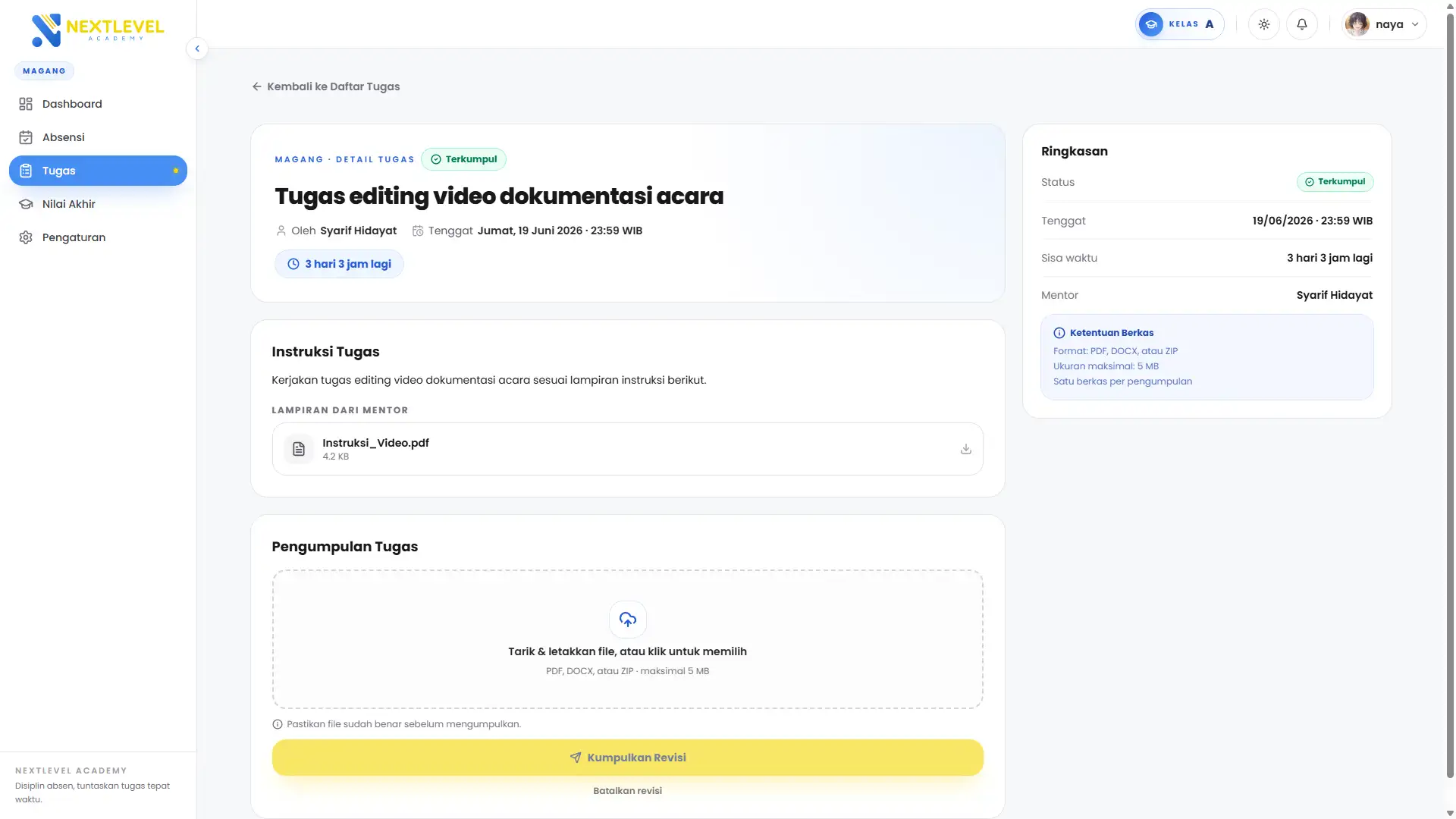 Intern task submission portal and mentor revision feedback